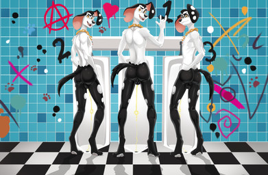 aged_up anthro anthrofied backsack balls bathroom bodily_fluids butt chain chain_necklace clothing feet fingers fur genital_fluids genitals gesture gold_(metal) gold_chain graffiti graffiti_on_wall group group_nudity hand_gesture jewelry looking_back male male_peeing markings necklace nude open_mouth peeing public_restroom rear_view smile spots spotted_body standing tail teeth toes trio urinal urine urine_stream watersports dal101strefan 101_dalmatian_street 101_dalmatians disney dimitri_1_(101_dalmatians) dimitri_2_(101_dalmatians) dimitri_3_(101_dalmatians) dimitri_trio_(101_dalmatians) canid canine canis dalmatian domestic_dog mammal digital_media_(artwork) hi_res brother_(lore) brothers_(lore) sibling_(lore) triplets_(lore)