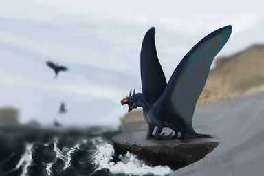 1_toe 3_toes animal_genitalia claws cloud fangs feet feral flying fully_sheathed genitals grey_body group long_claws male markings muscular open_mouth orange_eyes orange_markings outside quadruped roaring sea seaside sheath sickle_claw side_view solo_focus spread_wings standing teal_markings teeth toe_claws toes tongue water wave wings commander_ledi conditional_dnp mythology dragon mythological_creature mythological_scalie scalie