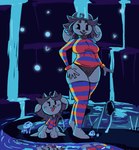 anthro blue_background bottomwear cave clothed clothing duo female feral fungus inside legwear looking_at_viewer mushroom pants pattern_clothing plant pond simple_background sitting skimpy standing stockings striped_clothing stripes sweater topwear water waterfall mechtal undertale undertale_(series) temmie_(undertale) canid canine canis domestic_dog mammal tem absurd_res hi_res