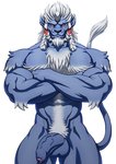 anthro arm_tuft balls beard blue_balls blue_body blue_foreskin blue_fur blue_penis bodily_fluids broken_horn chest_tuft crossed_arms facial_hair foreskin fur genital_fluids genitals glans hair horn humanoid_genitalia humanoid_penis looking_at_viewer male muscular muscular_anthro muscular_male nude penis pink_glans precum pubes purple_glans simple_background solo tail tail_tuft tuft white_background white_hair yellow_eyes schizoid final_fantasy final_fantasy_x square_enix kimahri felid mammal ronso