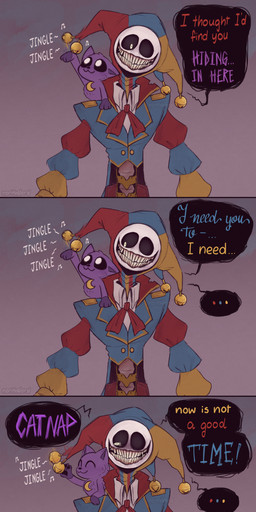 7_panel_comic bell bell_hat bone carrying_another clothing crescent_moon dialogue exposed_muscle feral fool's_hat fur grin group hat headgear headwear inside jingle_bell machine male metal_hand metal_legs moon multicolored_clothing on_shoulders purple_body purple_fur purring radius_(bone) red_body red_fur rib_cage smile spine teeth text trio ulna white_eyes white_face norithelord mob_entertainment poppy_playtime smiling_critters catnap_(poppy_playtime) chum_chompkins prototype_(poppy_playtime) domestic_cat felid feline felis humanoid living_toy mammal primate robot robot_humanoid 2026 absurd_res artist_name comic english_text hi_res long_image sign_language tall_image watermark