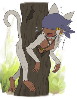 accessory bodily_fluids breasts clothing covered_eyes dark_body dark_skin ear_piercing fangs female fur hair headgear headwear jewelry kerchief nipples piercing small_breasts stuck sweat tail teeth white_body white_fur white_hair g_tsurimasu haplorhine mammal monkey primate hi_res