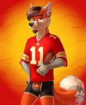 american_football anthro ball biped black_nose blue_eyes brown_hair bulge clothed clothing dipstick_tail facial_hair fur grey_body grey_fur grey_tail gridiron_ball hair half-closed_eyes holding_ball holding_object inner_ear_fluff looking_at_viewer male markings multicolored_body multicolored_fur multicolored_tail narrowed_eyes orange_body orange_fur orange_tail shirt simple_background smile solo sport standing tail tail_markings topwear tuft two_tone_tail underwear white_body white_fur white_tail vallhound kansas_city_chiefs nfl canid canine fox mammal digital_media_(artwork) hi_res portrait three-quarter_portrait warm_colors