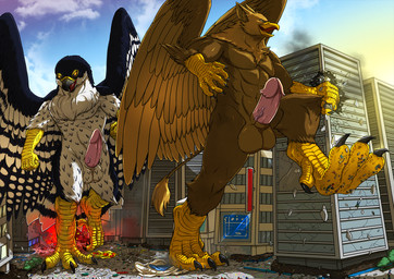 5_fingers abs anthro balls beak biceps brown_body brown_fur building building_destruction city city_background claws crush destruction detailed_background duo erection extreme_size_difference feathered_wings feathers feet finger_claws fingers footprint fur genitals house humanoid_genitalia humanoid_penis macro male muscular muscular_anthro muscular_male nude open_mouth outside pawpads pawprint paws pecs penile penis rampage size_difference sky smile stomping tail toe_claws toes vehicle walking white_body wings tatugon mythology carpo corvidius_(character) avian bird falcon falconid gryphon mythological_avian mythological_creature hi_res