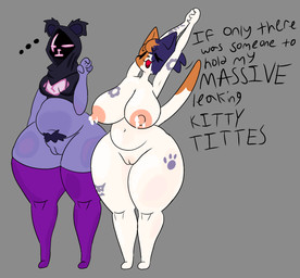 anthro areola belly big_breasts big_pussy big_vulva blush bodily_fluids body_blush breasts clothing duo eye_scar facial_scar female fur genitals hood huge_breasts lactating multicolored_body nipples nude nude_anthro nude_female purple_body scar shadow_face simple_background smile tail tattoo text thick_thighs vulva vulva_blush wide_hips chronicmeowmeow epic_games fortnite cate_meowdy raven_team_leader bear calico_cat domestic_cat felid feline felis mammal digital_media_(artwork) english_text hi_res