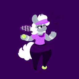 anthro ball bottomwear bulge clothing fur grey_body grey_fur gynomorph hair hat headgear headwear intersex leggings legwear purple_background purple_bottomwear purple_clothing purple_leggings purple_legwear purple_shirt purple_shorts purple_topwear shirt shorts simple_background solo tennis_ball tennis_racket topwear visor_cap white_body white_fur white_hair naycelium lilac_(naycelium) equid equine hybrid mammal mule 2020 hi_res trans_(lore) trans_woman_(lore)