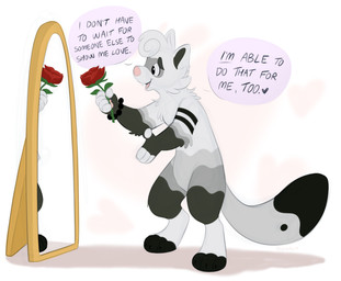 anthro beads black_body black_fur flower fur grey_body grey_fur heart_symbol holding_flower holding_object looking_at_mirror looking_at_object male mirror multicolored_body multicolored_fur open_mouth pawpads pink_nose pink_pawpads pink_tongue plant rose_(flower) solo speech_bubble stripes text tongue orlandofox fetti_(fettuccine) domestic_ferret mammal mustelid musteline true_musteline weasel 2026 english_text guide_lines hi_res