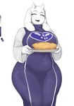 anthro big_breasts big_butt blush bovid_horn breasts butt caprine_horn clothed clothing dress female food fully_clothed fur goat_ears goat_horn horn pastry pie purple_clothing purple_dress smile solo thick_thighs tight_fit white_body white_fur magthender undertale undertale_(series) toriel bovid caprine goat mammal absurd_res hi_res