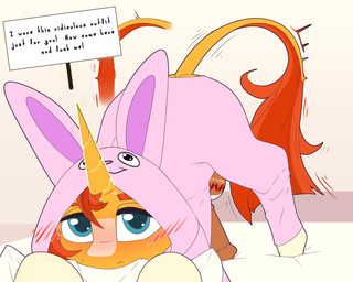 ass_up balls blush bunny_costume butt clothed clothing costume erection fake_ears fake_rabbit_ears feral fur genitals hair horn hug hugging_object hugging_pillow looking_at_viewer lying magic male needy on_front penis pillow simple_background solo submissive submissive_male tail tail_motion tailwag telekinesis text chapaevv friendship_is_magic hasbro my_little_pony mythology sunburst_(mlp) equid equine mammal mythological_creature mythological_equine unicorn 5:4 absurd_res digital_media_(artwork) english_text hi_res