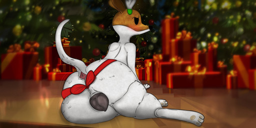 animal_genitalia animal_vulva anus big_butt black_eyes brown_body brown_fur butt canine_genitalia canine_vulva female feral fur genitals holidays looking_at_viewer presenting raised_tail ribbons solo tail talking_to_viewer thick_thighs white_body white_fur udbebu christmas olive_the_other_reindeer olive_(olive_the_other_reindeer) canid canine canis domestic_dog mammal absurd_res hi_res