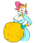 abdominal_bulge anthro areola areola_slip big_breasts breasts clothes_stretching female female_pred navel one_eye_closed open_mouth solo vore carnivorousvixen super_fuck_friends monique_pussycat felid mammal hi_res