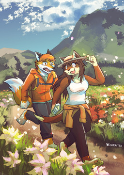 anthro backpack bloom clothing cloud couples date dress duo female flower grass hair hand_holding hat headgear headwear jacket male mountain plant romantic sky tail tired topwear walking catkitte canid canine domestic_cat felid feline felis fox mammal 2023 digital_drawing_(artwork) digital_media_(artwork) hi_res signature