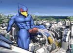 anthro balls blue_body blue_fur bodily_fluids building city corneria cum destruction fur genital_fluids genitals macro male mountain nude penis sky solo street worship wootenstien nintendo star_fox falco_lombardi avian bird 2020 hi_res