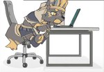 black_body black_fur blue_eyes chair chibi facial_scar fangs fur furniture looking_at_computer looking_at_laptop looking_at_object male office_chair on_chair paw_socks pawpads paws scar sitting sitting_on_chair solo teeth yelling_at_another yellow_eyes yellow_pawpads viosgit egyptian_mythology middle_eastern_mythology mythology anubis anubian_jackal canid canine canis deity jackal mammal 2024