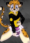 anthro bite biting_lip blue_eyes bottomwear clothed clothing diaper grabbing_diaper hoodie kneeling magic male no_pants_club pantsless scared solo spread_legs spreading topwear underwear joykill joykill_(character) animate_inanimate cheetah diaper_creature felid feline mammal hi_res