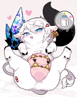 bikini blush chibi clothing ear_piercing ear_tag female feral fur gold_bikini hooves kemono looking_at_viewer lying multi_nipple nipples on_back piercing simple_background solo swimwear teats two-piece_swimsuit udders white_background white_body white_fur mato_tsuyoi yamada_(mato_tsuyoi) bovid bovine cattle mammal
