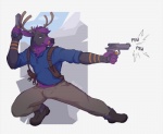 action_pose anthro antlers athletic athletic_anthro athletic_male clothed clothing dual_wielding fur gun hair handgun holding_object holding_weapon horn male onomatopoeia pistol pose ranged_weapon shoulder_holster smile solo sound_effects standing text weapon wide_stance huffpup deer mammal 2016 pillarbox