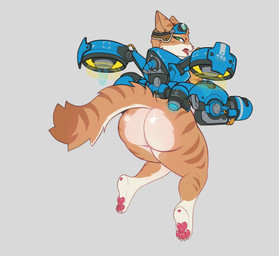 angry anthro big_butt bubble_butt butt cheek_tuft eyewear facial_tuft female fluffy fluffy_tail flying fur goggles green_ears gun huge_butt jet_pack looking_at_viewer looking_back looking_back_at_viewer multicolored_body multicolored_fur open_mouth orange_body orange_fur pawpads paws ranged_weapon rear_view solo tail thick_thighs tuft weapon white_body white_fur wide_hips tsune_nsfw blizzard_entertainment overwatch fika_(overwatch) domestic_cat felid feline felis mammal hi_res