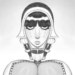 bangs big_breasts black_clothing black_coif black_eyes black_hair black_hat black_headwear black_shirt black_topwear bottomwear breasts cleavage clothed clothed_female clothed_human clothing coif dress duo eyelashes female female_human first_person_view freckled_face freckles frowning_at_viewer fully_clothed fully_clothed_female fully_clothed_human grey_background grey_body grey_lips grey_skin hair hat headgear headwear high-angle_view light lips looking_at_viewer mostly_offscreen_character mostly_offscreen_female mostly_offscreen_humanoid not_furry shirt simple_background skirt standing straight_arms topwear white_body white_bottomwear white_clothing white_dress white_skin white_skirt bingoblin lukka_(bingoblin) sunshine_(bingoblin) human humanoid mammal 1:1 2025 digital_drawing_(artwork) digital_media_(artwork) english_description greyscale hi_res lighting monochrome shaded