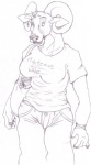 5_fingers anthro big_breasts bottomwear breasts clothed clothing female fingers front_view fully_clothed horn looking_at_viewer pants shirt shoulder_bag simple_background solo topwear white_background mousetrap_(artist) bovid bovine mammal greyscale monochrome source_request