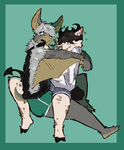 anthro bottomwear clothing duo hair hair_over_eye heart_symbol hooves hotpants hug male male/male on_lap shirt shorts sitting_on_lap star tank_top tattoo topwear ozzyishere3 echo_(game) echo_(series) echo_project micha_(echo) ozzy_(ozzyishere3) bat bovid bovine cattle mammal microbat pallid_bat vesper_bat yangochiropteran hi_res