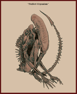 ambiguous_gender border long_head open_mouth quotation_marks red_border simple_background sitting solo spines tail teeth text plastiboo alien_(franchise) alien humanoid xenomorph digital_media_(artwork) english_text hi_res sketch