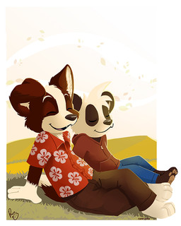 anthro barefoot black_body black_fur black_nose blue_bottomwear blue_clothing blue_pants bottomwear brown_body brown_bottomwear brown_clothing brown_fur brown_jacket brown_pants brown_topwear closed_smile clothed clothing duo eyes_closed feet fur grass happy jacket leaning leaning_backward logo male male_anthro mouth_closed open_mouth open_smile outside pants plant red_clothing red_topwear sitting sky smile text topwear white_body white_fur pandapaco parinton roni_(imroni) bear border_collie canid canine canis collie domestic_dog giant_panda herding_dog mammal pastoral_dog sheepdog 2016 4:5 artist_logo artist_name dated signature