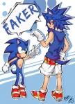 alternate_species animal_humanoid anthro blue_body blue_fur blue_hair blush bottomwear clothing duo eulipotyphlan eulipotyphlan_humanoid fake footwear fur gesture green_eyes hair hand_gesture hedgehog hedgehog_humanoid humanoid humanoidized male mammal mammal_humanoid pointing pointing_at_another pointing_at_head sega shoes shorts soap_shoes sonic_adventure sonic_the_hedgehog sonic_the_hedgehog_(series) square_crossover tabletorgy tail