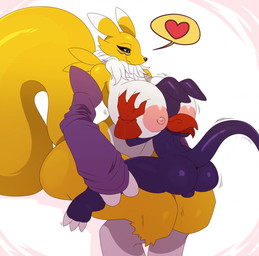 anthro backsack balls big_breasts black_sclera blue_eyes breast_grab breast_smother breasts butt clothing duo female fur genitals gloves hand_on_breast handwear heart_symbol huge_breasts interspecies larger_female male male/female nipples shortstack shortstack_male simple_background sitting size_difference smaller_male smothering straddling white_background white_body white_fur yellow_body yellow_fur sssonic2 bandai_namco digimon canid canine digimon_(species) impmon mammal renamon 2015 digital_media_(artwork) hi_res
