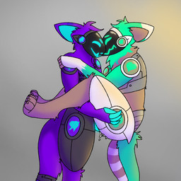 anthro blue_body blue_fur bodily_fluids cum duo fur genital_fluids genitals green_body green_fur heart_symbol love machine male male/male male_penetrated male_penetrating male_penetrating_male penetration penis purple_body purple_fur robotic screen screen_face sex white_body white_fur auxiefox crep prizrak protogen 1:1
