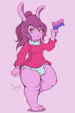 anthro bisexual_pride_colors breasts bulge clothing fur gynomorph heart_symbol intersex lgbt_pride panties pride_colors shortstack shortstack_gynomorph shortstack_intersex slightly_chubby small_breasts solo underwear lil_tarap lgbt_pride_month anji_(lil_tarap) lagomorph leporid mammal rabbit 2019 digital_media_(artwork) hi_res