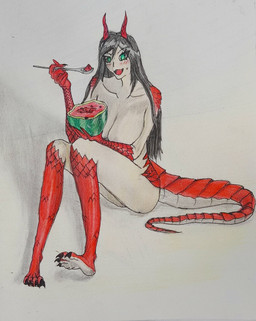 4_toes 5_fingers blush breasts claws convenient_censorship cutlery eating feet female fingers food fruit green_eyes hair horn kitchen_utensils melon nude open_mouth open_smile plant red_body red_scales scales simple_background sitting smile solo spoon tail toe_claws toes tools watermelon nex243 mythology dragon humanoid mythological_creature mythological_scalie scalie 2023 hi_res