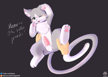 anthro balls blush disembodied_hand duo erection genitals grey_background holding_legs_up legs_up lying male male_focus one_eye_closed open_mouth paws penis simple_background solo_focus tail text wink senz re:zero puck_(re:zero) felid feline human mammal hi_res url