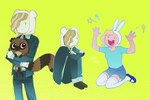 anthro clothed clothing female footwear male shoes simple_background square_crossover yellow_background helado_jpg adventure_time cartoon_network fionna_and_cake fionna_the_human flynn_the_human_being jacques_the_raccoon human mammal procyonid raccoon hi_res