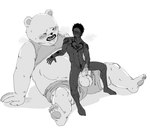 anthro balls blush bottomwear clothing erection feet genitals human_on_anthro interspecies male male/male musclegut muscular penis shorts sitting tattoo nekokat42 one_piece bepo_(one_piece) trafalgar_law bear human mammal minkmen_(one_piece) polar_bear ursine 2023 hi_res monochrome