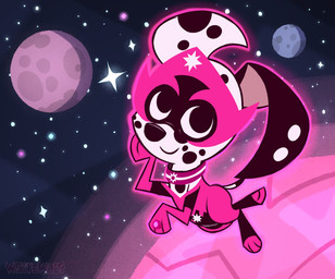 black_nose black_spots bodysuit clothing collar facial_markings female floppy_ears footwear fur head_markings heterochromatic_ears leg_markings markings mask_(marking) pink_bodysuit pink_clothing pink_collar pink_footwear pink_mask pink_skinsuit pink_socks skinsuit socks socks_(marking) solo space spots tight_clothing white_body white_fur white_spots whitewolf20xx 101_dalmatian_street 101_dalmatians dc_comics disney green_lantern_(series) pink_lantern dizzy_(101_dalmatians) canid canine canis dalmatian domestic_dog mammal hi_res