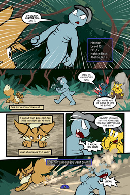 5_panel_comic ambiguous_gender black_eyes black_nose black_text blue_body branch brown_body brown_fur brown_hair chest_gem claws clenched_teeth clothing dialogue ellipsis exclamation_point eyes_closed feral fight finger_claws fingers fluffy fluffy_tail forehead_gem fur gameplay_mechanics gem group hair hat headgear headwear inner_monologue looking_at_another motion_lines neck_tuft open_mouth open_smile outside page_number paws plant pointy_speech_bubble quadruped question question_mark red_tail rock sand sharp_teeth shrub sitting smile sound_effects speech_bubble standing tail talking_to_another teeth text text_box thinking toe_claws tongue toony tree tuft walking wearing_hat white_sclera white_text yellow_gem virmir nintendo pokemon pokemon_mystery_dungeon spike_chunsoft virmir_(character) drowzee eevee generation_1_pokemon generation_2_pokemon humanoid machop pokemon_(species) sneasel 2024 2:3 absurd_res comic digital_media_(artwork) english_text hi_res male_(lore)