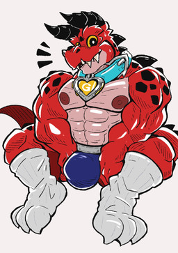 abs anthro briefs bulge clothing collar footwear horn male muscular muscular_anthro muscular_male nipples pecs red_body red_scales scales simple_background sitting socks solo underwear white_background yellow_sclera alternatehef marvel marvel_rivals dinosaur prehistoric_species reptile scalie hi_res