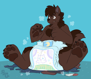 4_toes 5_fingers after_transformation ambiguous_gender anthro big_diaper black_pawpads blue_background blush blush_lines brown_body brown_claws brown_finger_claws brown_fur brown_nose brown_tail brown_toe_claws claws clean_diaper clothed clothing diaper diaper_only diaper_puff feet finger_claws fingers frown fur logo pawpads poof_transformation simple_background sitting snaggle_tooth solo tail text text_on_diaper toe_claws toes topless torn_clothing wearing_diaper whisker_spots worried bubblepuppers mythology villa_(cryo-lithius) canid canine mammal mythological_canine mythological_creature werecanid werecanine werecreature werewolf absurd_res artist_logo english_text full-length_portrait hi_res portrait