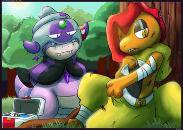 bandage bandaged_arm case female first_aid first_aid_kit forehead_gem forest_background gem jewelry medical_instrument necklace scientific_instrument watching_aside screamoshaymin nintendo pokemon galarian_form galarian_slowking generation_5_pokemon generation_8_pokemon pokemon_(species) regional_form_(pokemon) scrafty hi_res