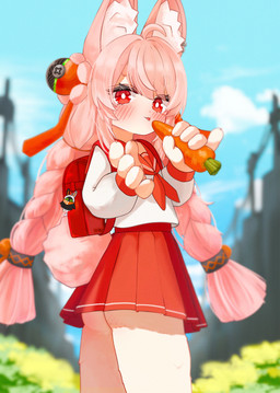 anthro asian_clothing backpack blush bottomwear braided_pigtails carrot clothed clothed_anthro clothing east_asian_clothing female flat_chested food fully_clothed fully_clothed_anthro fur hair holding_carrot holding_food holding_object holding_vegetable inner_ear_fluff japanese_clothing japanese_school_uniform pink_body pink_fur pink_hair plant red_eyes school_uniform shirt skirt solo topwear tuft uniform vegetable white_clothing white_shirt white_topwear myappi_artenya mihoyo zenless_zone_zero zhao_(zenless_zone_zero) lagomorph leporid mammal rabbit thiren absurd_res hi_res