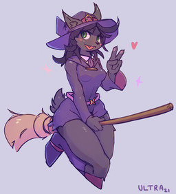 4_fingers anthro black_hair black_nose breasts broom broom_riding cleaning_tool clothing cute_fangs fangs female fingerpads fingers fur green_eyes hair hat headgear headwear inner_ear_fluff looking_up magic_user open_mouth pawpads simple_background smile solo teeth tuft witch witch_hat ultrabondagefairy little_witch_academia studio_trigger canid mammal 2021 hi_res