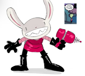 anthro black_boots black_clothing black_footwear black_gloves black_handwear boots clothed clothing footwear gloves handwear holding_object holding_weapon laser_gun long_ears looking_at_viewer male profanity ranged_weapon sharp_teeth shoes smile solo standing teeth text weapon white_body vestigialbones invader_zim nickelodeon sam_and_max max_(sam_and_max) zim_(invader_zim) lagomorph leporid mammal rabbit english_text