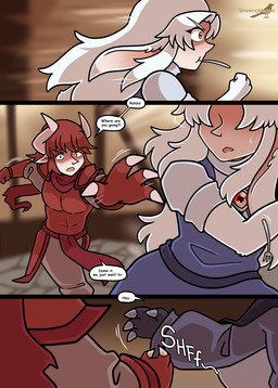 animal_ears clawed_hands clothed clothing dialogue female gem hair horn inside male monster_girl_(genre) open_mouth pointy_ears red_gem red_hair simple_background text white_hair shriekingmagpie horned_humanoid humanoid comic digital_media_(artwork) english_text hi_res
