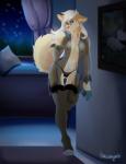 anthro big_breasts breasts clothed clothing female fur gem hair legwear lingerie long_hair looking_at_viewer nipples panties pearl_(gem) smile solo standing stockings thigh_highs underwear thesolarwinds canid canine canis domestic_dog mammal 2018 digital_media_(artwork) hi_res