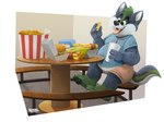 anthro bottomwear burger chair chicken_meat clothing food fried_chicken fur furniture hot_dog junk_food male meat multicolored_body multicolored_fur overweight overweight_anthro overweight_male partially_covered_belly shirt shorts sitting solo t-shirt table topwear young young_anthro young_male koidelcoyote kazan_(kazan.k) avian bird canid canine canis chicken galliform gallus_(genus) mammal phasianid wolf