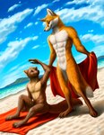 anthro athletic athletic_anthro athletic_male beach brown_body brown_fur claws detailed_background duo eye_contact featureless_crotch fluffy fluffy_tail fur looking_at_another male male/male nude orange_body orange_fur plantigrade sitting smile standing tail towl water whiskers kippycube canid canine fox gulonine mammal marten mustelid musteline pine_marten 2021 digital_media_(artwork)