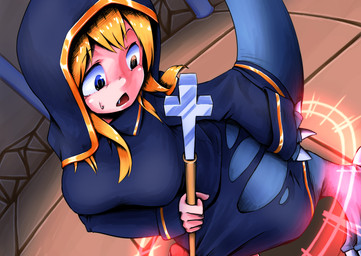 blonde_hair blue_eyes bodily_fluids breasts clothing cross female hair open_mouth priest solo staff standing surprised sweat sweatdrop tail torn_clothing transformation quo_te mythology animal_humanoid dragon dragon_humanoid humanoid mythological_creature mythological_scalie scalie 2019 absurd_res hi_res