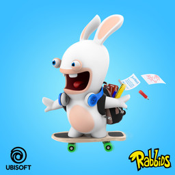 ambiguous_anthro ambiguous_gender anthro backpack black_backpack blue_background blue_eyes book buckteeth electronics featureless_crotch featureless_legs fur happy headphones headphones_around_neck light logo long_ears mitten_hands no_eyebrows noseless open_mouth open_smile paper pencil_(object) red_tongue ruler short_legs simple_background skateboard skateboarding smile solo tan_body tan_eyelids tan_inner_ear tan_skin teeth title tongue vehicle white_body white_fur jean-baptiste_raimbault raving_rabbids rayman_(series) ubisoft lagomorph mammal rabbid 1:1 2021 3d_(artwork) absurd_res adobe_photoshop_(artwork) autodesk_maya_(artwork) colored digital_media_(artwork) english_description hi_res lighting official_art shaded