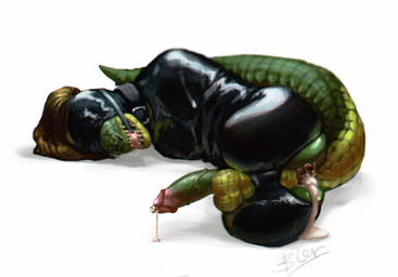 4_missing_limbs after_sex amputee anthro ball_gag balls bodily_fluids cum cum_in_ass cum_inside disability erection gag genital_fluids genitals green_body green_scales humanoid_genitalia humanoid_penis latex leaking_cum lying male multicolored_body multicolored_scales non-mammal_balls on_side open_mouth penetration penis quadruple_amputee scales solo two_tone_body two_tone_scales urethral urethral_penetration yellow_body yellow_scales daryabler reptile scalie snake hi_res